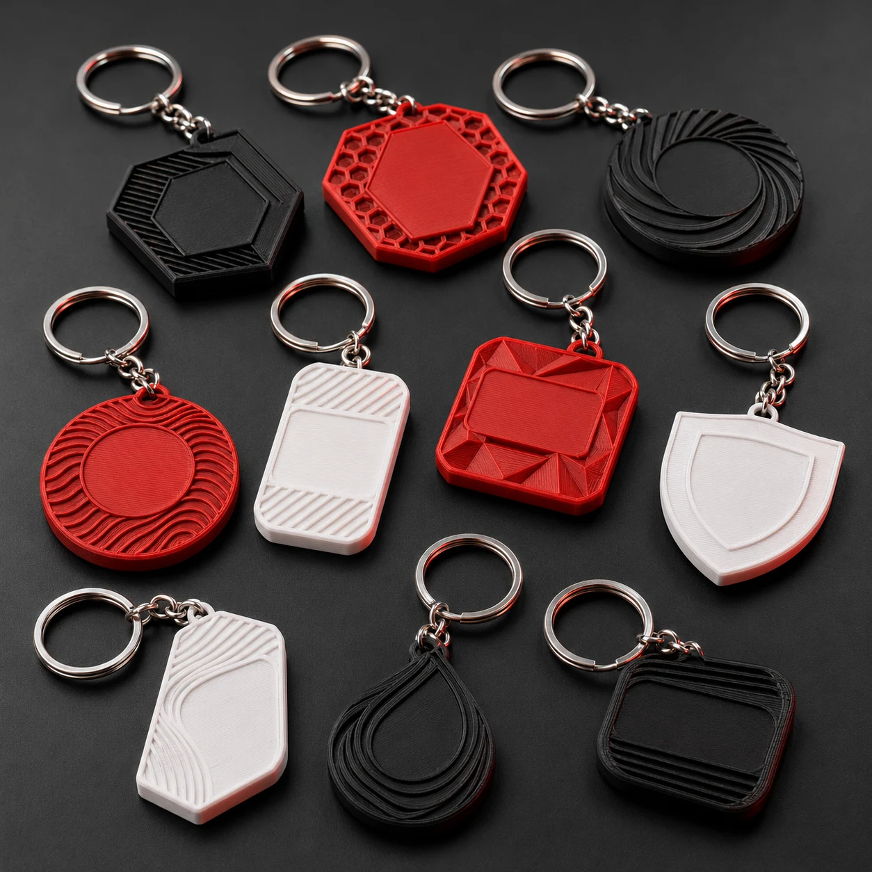 Exemples illustratifs de porte-clés imprimés en noir, rouge et blanc